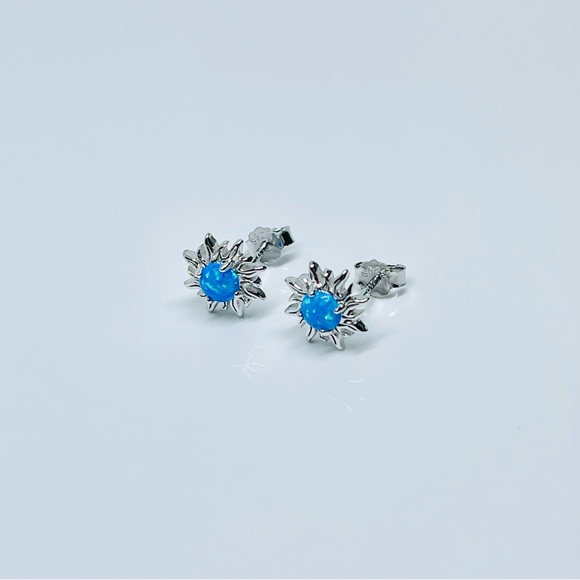 Sterling Silver Blue Lab Opal Blazing Sun Earrings, Silver Stud Earring, Sunny - Picture 10 of 13